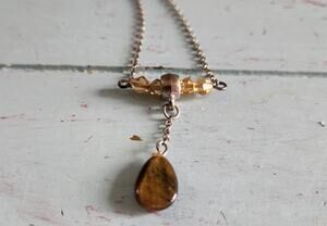 Tiger's Eye Gemstone Teardrop Pendant Necklace Gold Tone Crystal Beads